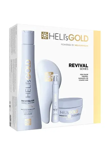 [A570017-R] HELI's Gold Revival Series Intro Kit - Revitalize Shampoo 300 ml, Restructure Masque 100 ml, Crystal Cream Serum 30 ml, Tangle-Free Detangling Brush 1Pc هيليز قولد مجموعة العناية بالشعر